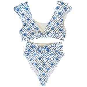 Caroline Constas Mer Swimwear Set Blue and White Block Print Floral Bikini